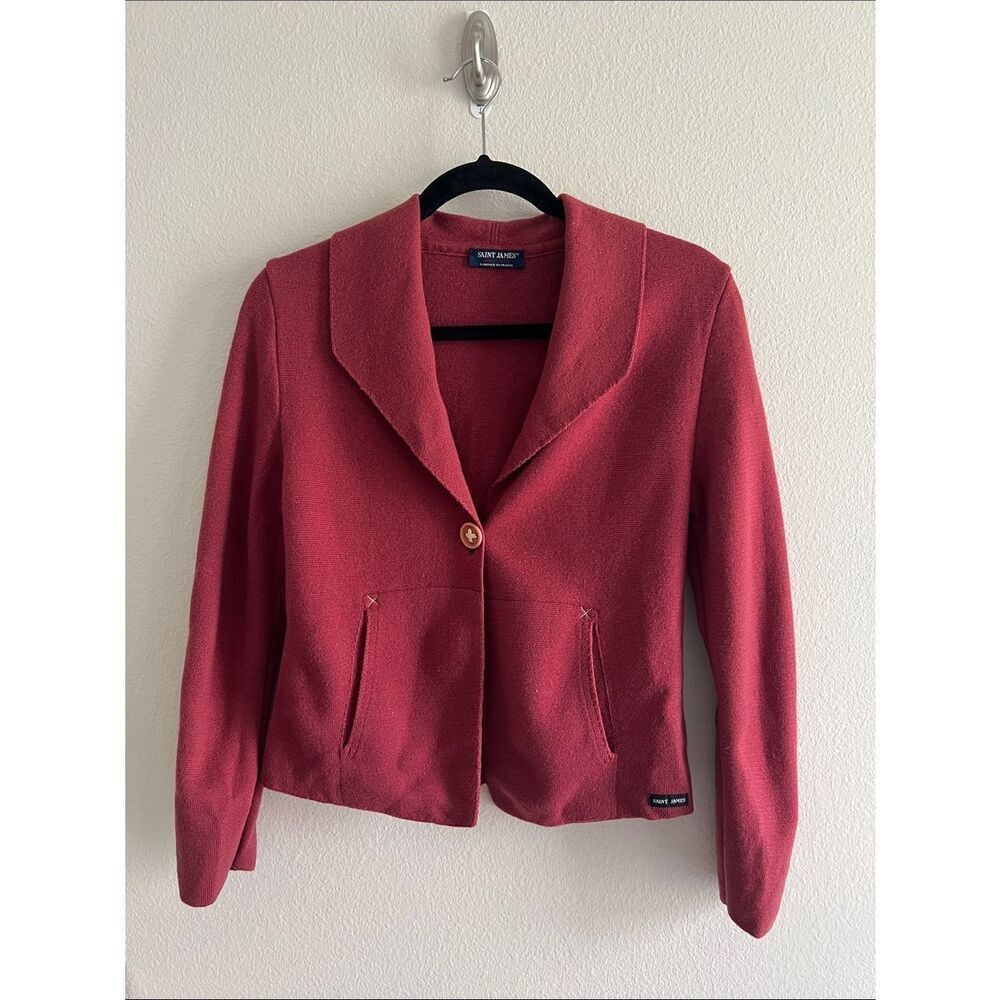 Saint James France Textured Knit Jacket Cardigan Raspberry Red Coastal Chic 8